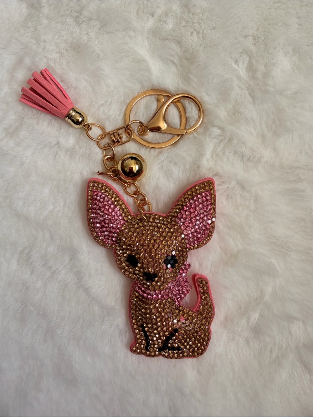 & Other Stories Pink Crystal Chihuahua Bag Charm with Gold Hardware